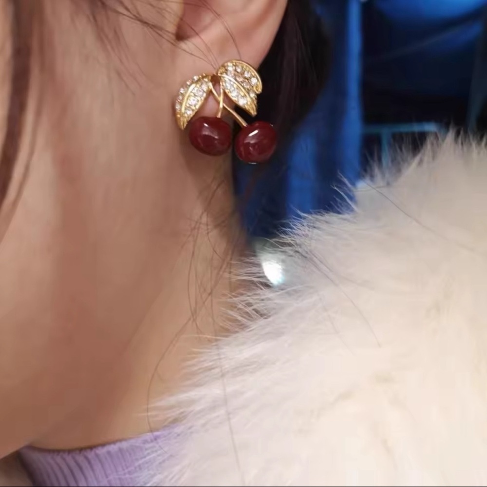 Elegant Gold and Red Cherry Earrings - Picture 2 of 6